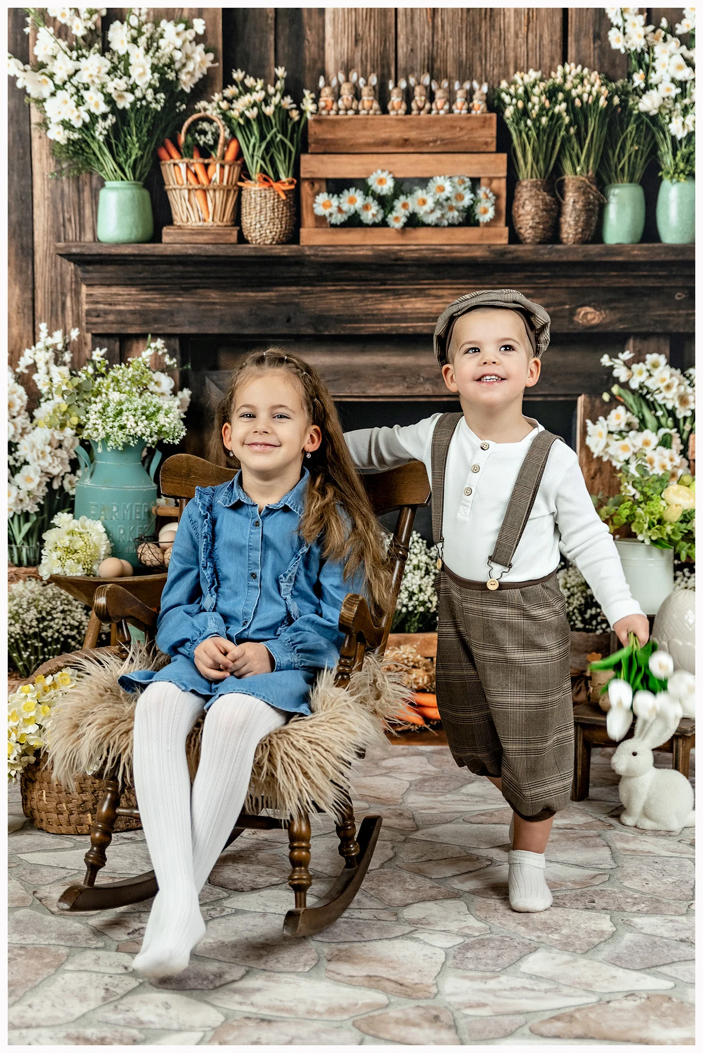 Kate Easter Fireplace Bunny Rustic Floral Backdrop Designed by Emetselch - Image 15