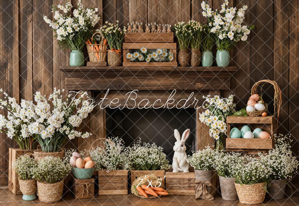 Kate Easter Fireplace Bunny Rustic Floral Backdrop Designed by Emetselch - Image 2