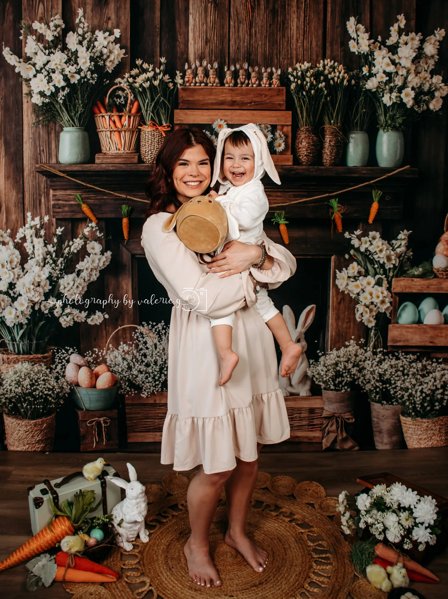 Kate Easter Fireplace Bunny Rustic Floral Backdrop Designed by Emetselch - Image 3
