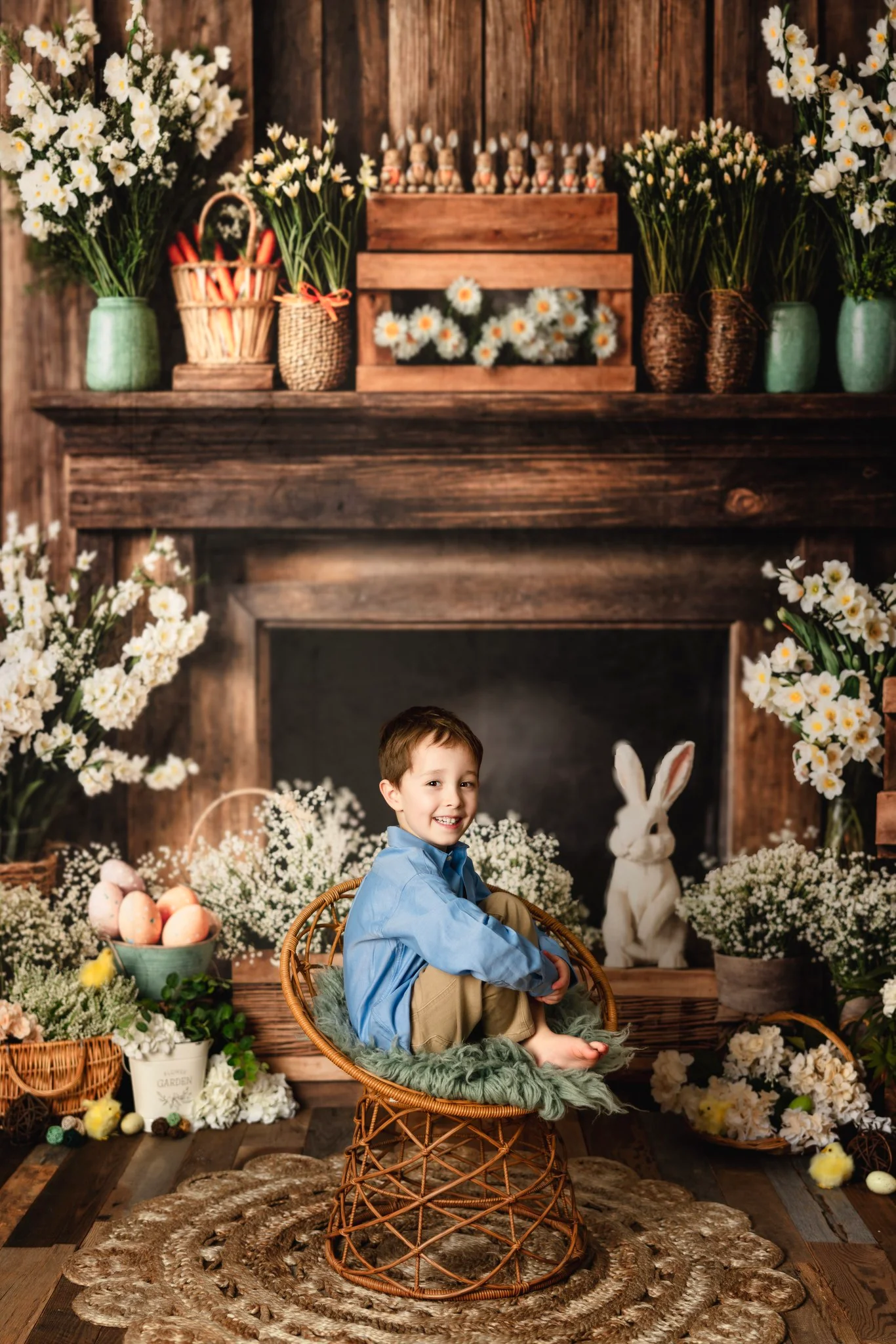 Kate Easter Fireplace Bunny Rustic Floral Backdrop Designed by Emetselch - Image 4