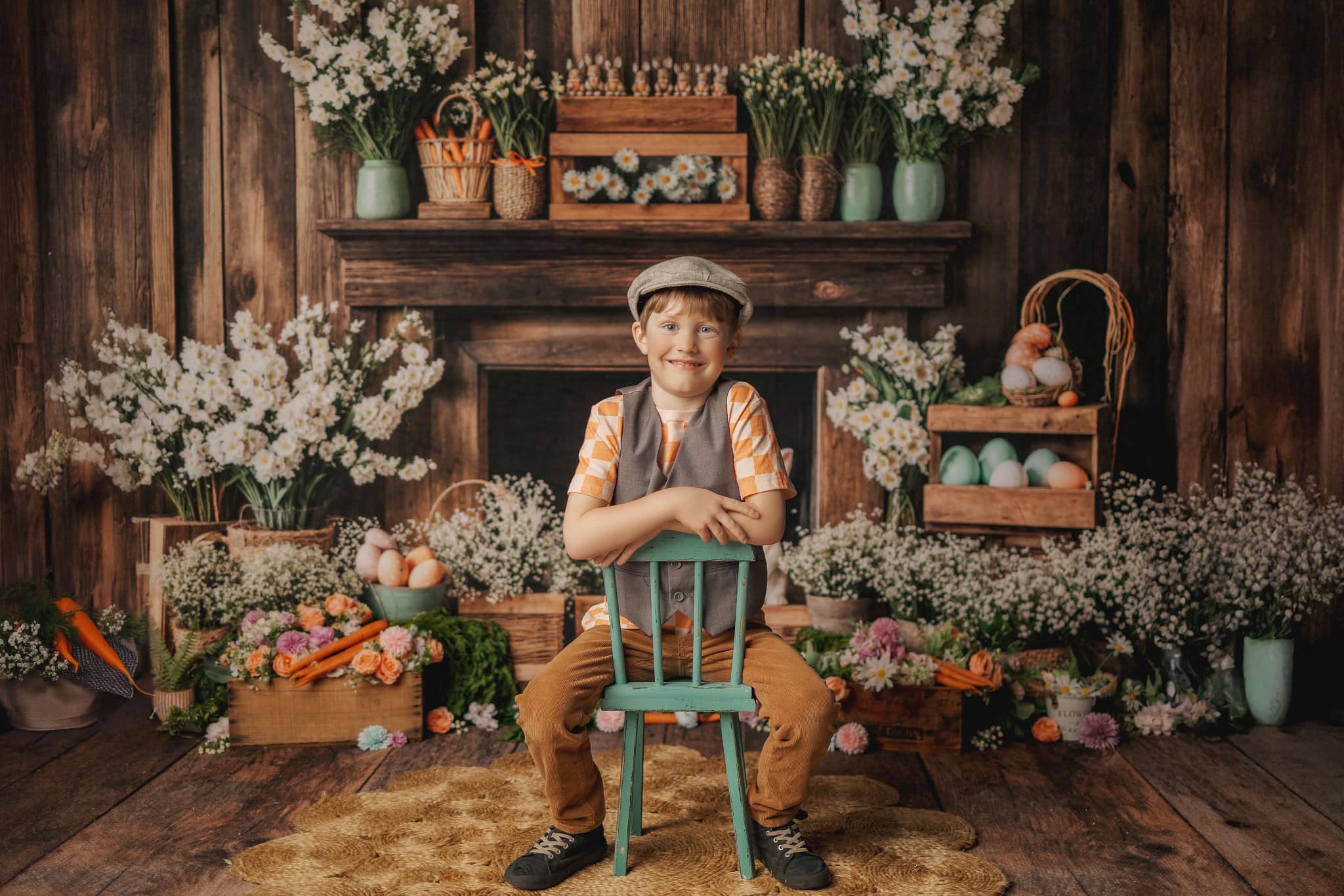 Kate Easter Fireplace Bunny Rustic Floral Backdrop Designed by Emetselch - Image 5