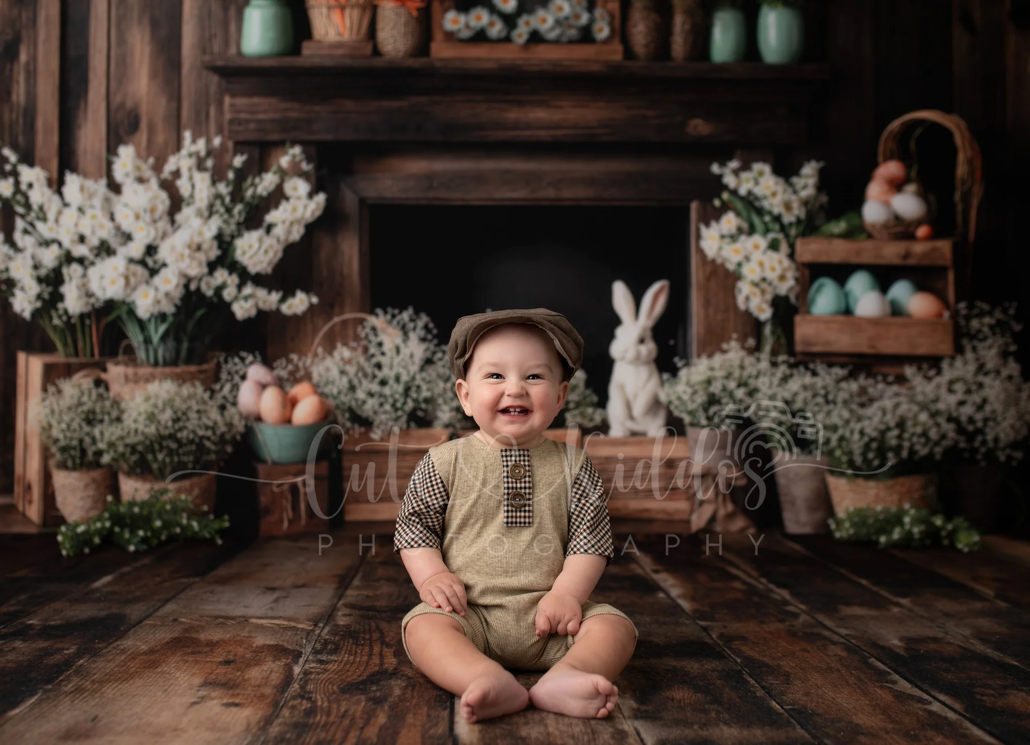 Kate Easter Fireplace Bunny Rustic Floral Backdrop Designed by Emetselch - Image 7