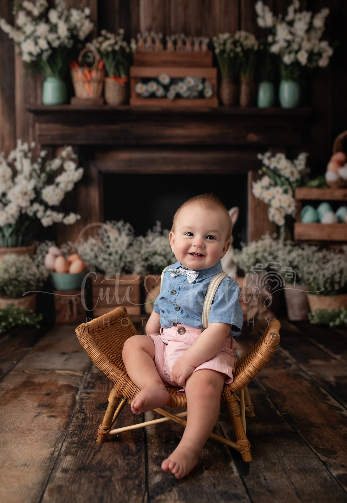 Kate Easter Fireplace Bunny Rustic Floral Backdrop Designed by Emetselch - Image 8