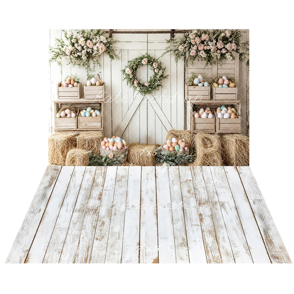 Kate Easter Floral Egg Farmhouse Backdrop+White Retro Wood Floor Backdrop - Image 2