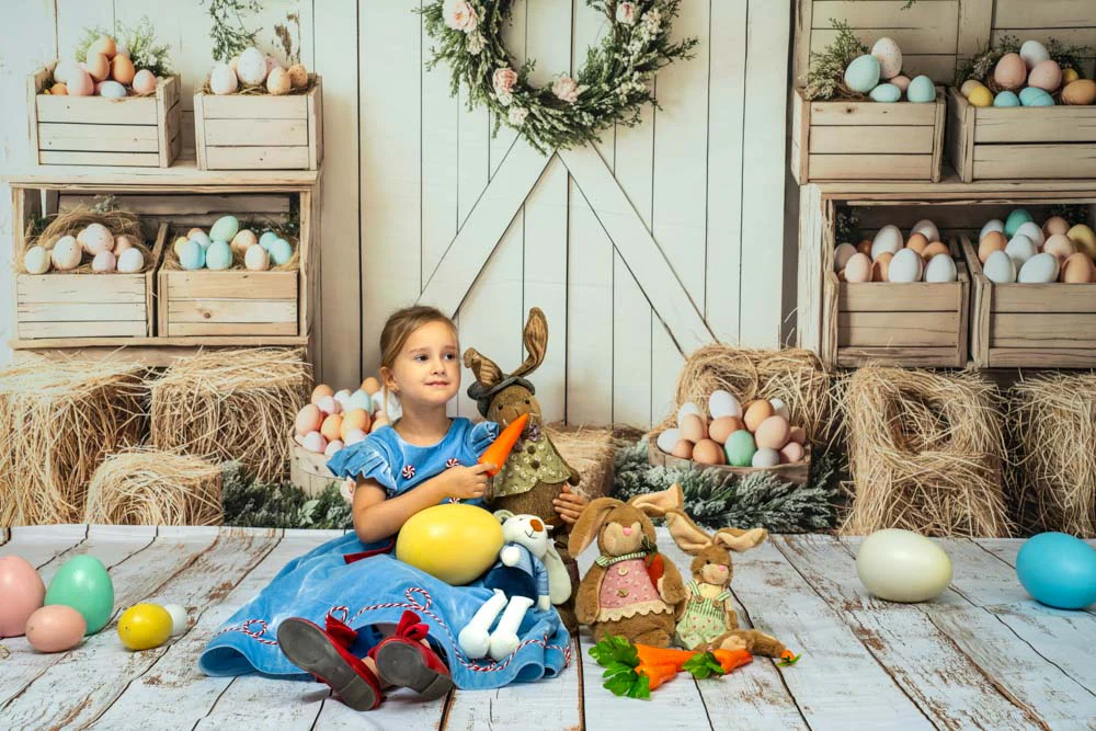 Kate Easter Floral Egg Farmhouse Backdrop+White Retro Wood Floor Backdrop - Image 3
