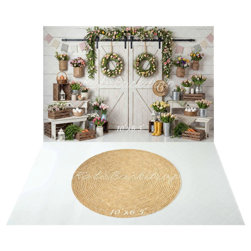 Kate Easter Garland Rustic Farmhouse Backdrop+ Straw Rug White Grid Backdrop
