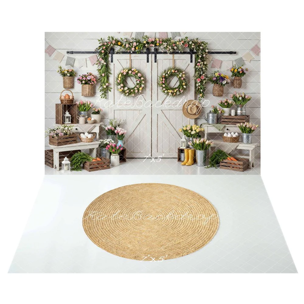 Kate Easter Garland Rustic Farmhouse Backdrop+ Straw Rug White Grid Backdrop - Image 2
