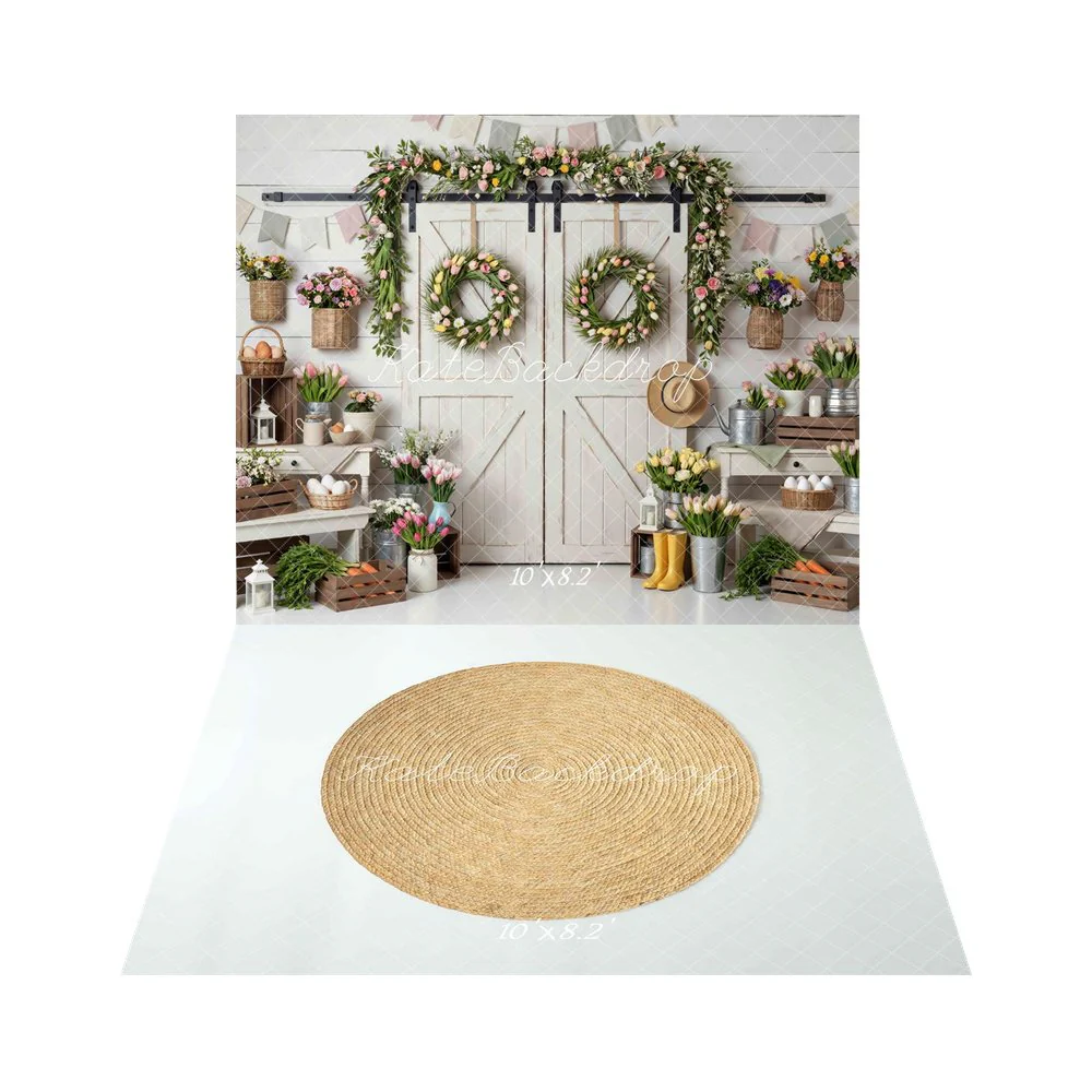 Kate Easter Garland Rustic Farmhouse Backdrop+ Straw Rug White Grid Backdrop - Image 3
