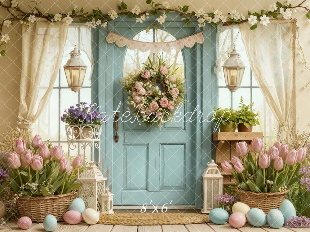 Kate Easter Pastel Eggs Tulips Blue Door Backdrop Designed by Emetselch - Image 3