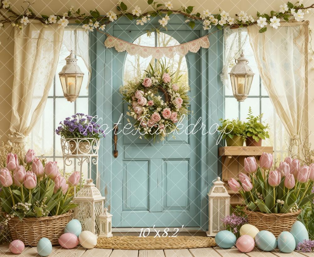 Kate Easter Pastel Eggs Tulips Blue Door Backdrop Designed by Emetselch - Image 6