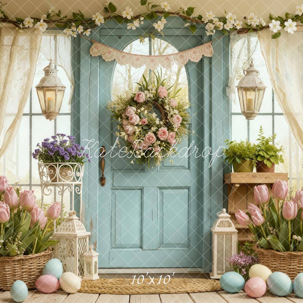 Kate Easter Pastel Eggs Tulips Blue Door Backdrop Designed by Emetselch - Image 7