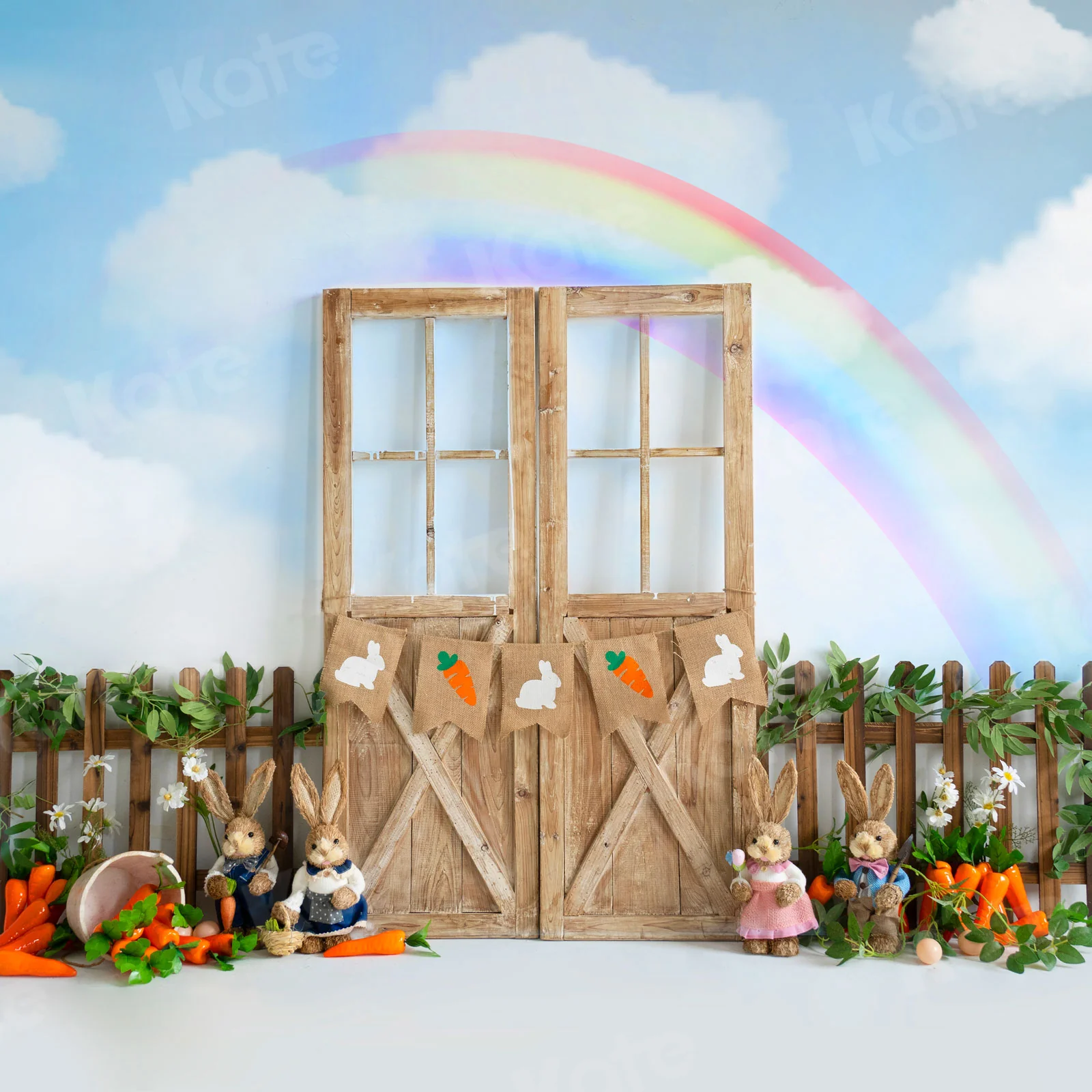 Kate Easter Rainbow Bunny Barn Door Backdrop for Photography - Image 2