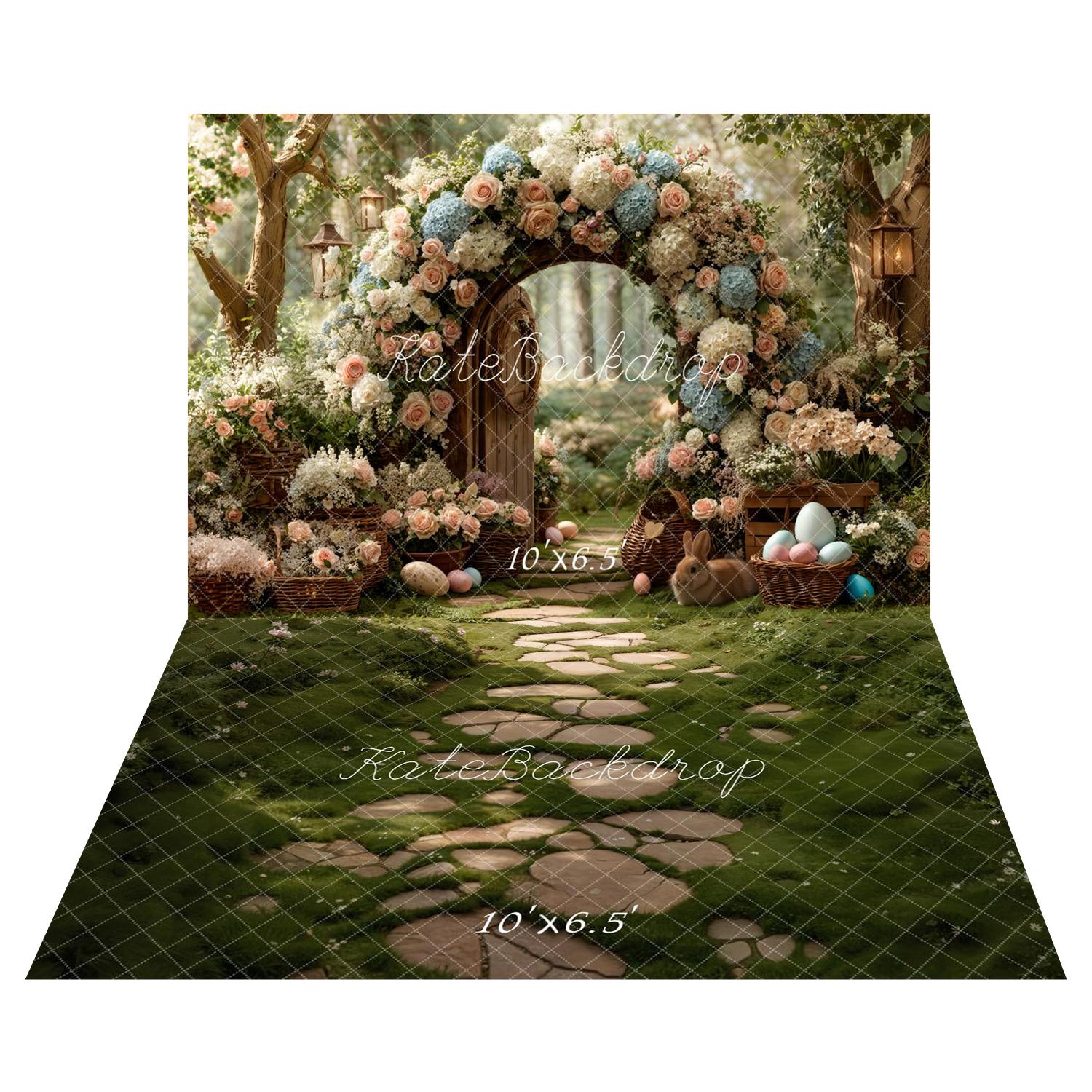 Kate Easter/Spring Bunny Floral Arch Lanterns Backdrop+Stone Pathway Green Grass Floor Backdrop - Image 2