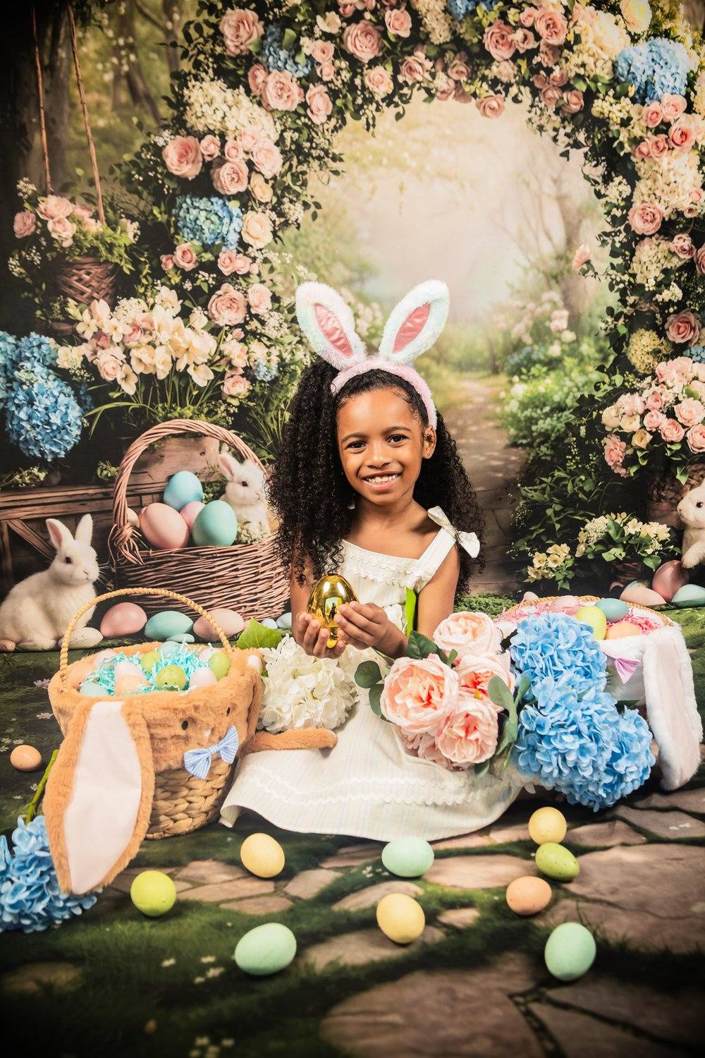 Kate Easter/Spring Bunny Floral Arch Lanterns Backdrop+Stone Pathway Green Grass Floor Backdrop - Image 3