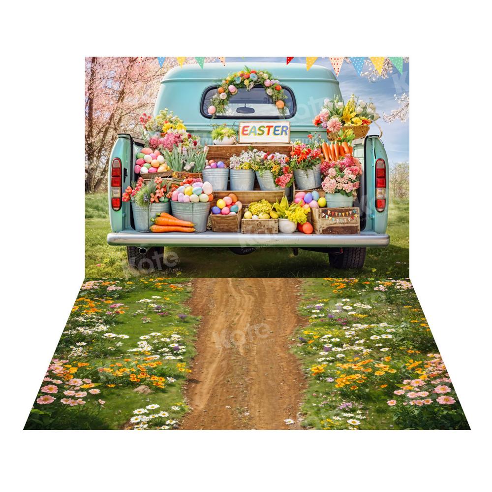 Kate Easter Truck Green Plant Backdrop+Spring Flowers Field Path Floor Backdrop - Image 2
