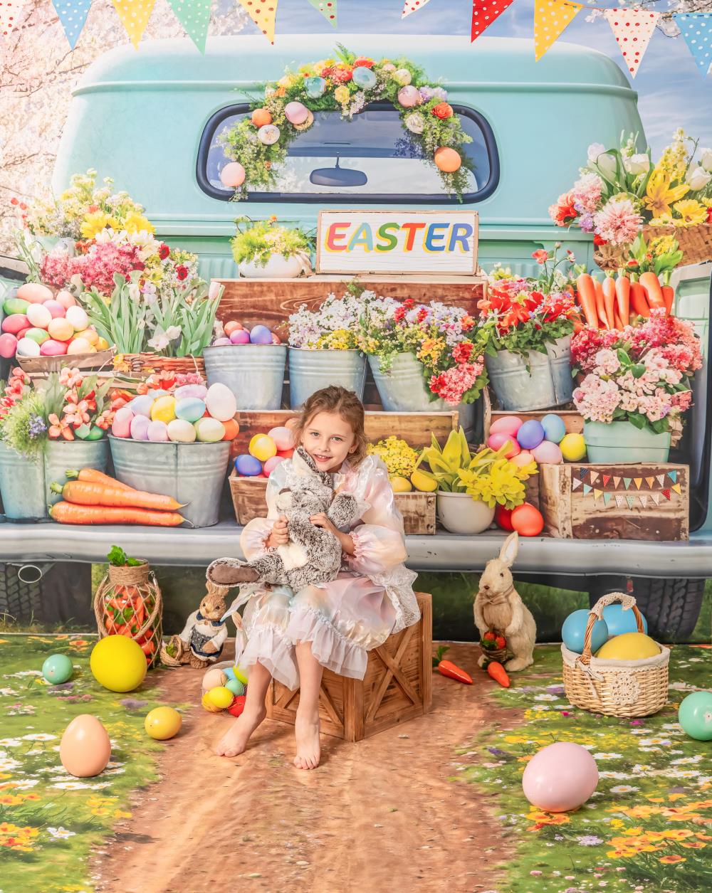 Kate Easter Truck Green Plant Backdrop+Spring Flowers Field Path Floor Backdrop - Image 3