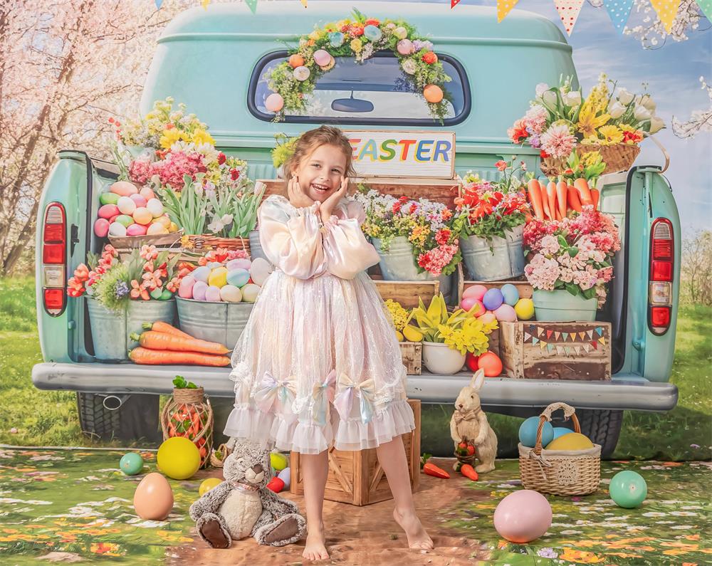 Kate Easter Truck Green Plant Backdrop+Spring Flowers Field Path Floor Backdrop - Image 4