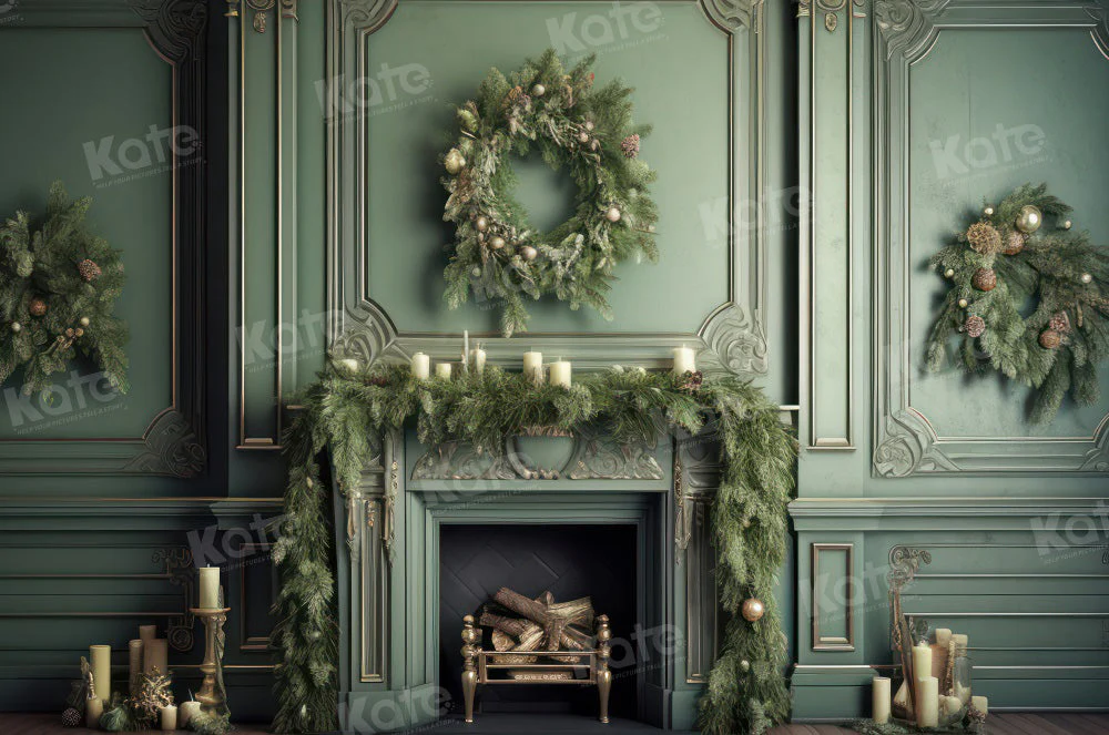 Kate Elegant Fireplace with Christmas Greenery Fleece Backdrop Designed by Mandy Ringe Photography - Image 10