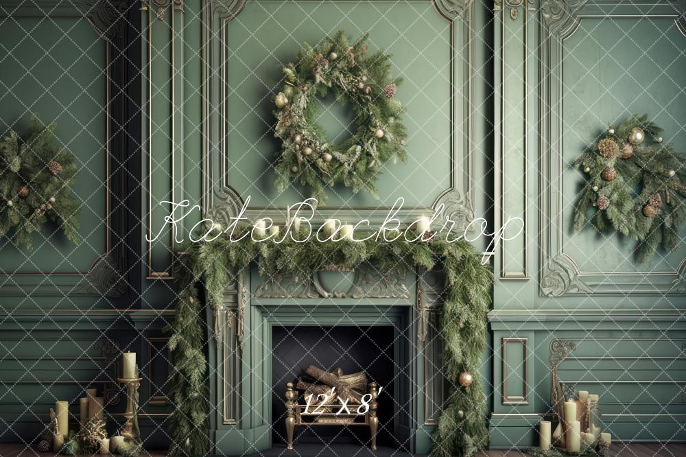 Kate Elegant Fireplace with Christmas Greenery Fleece Backdrop Designed by Mandy Ringe Photography - Image 11