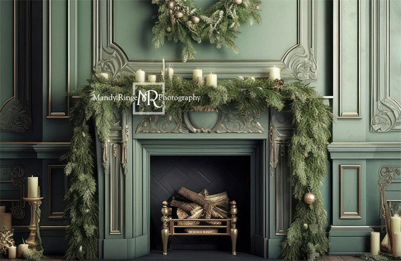 Kate Elegant Fireplace with Christmas Greenery Fleece Backdrop Designed by Mandy Ringe Photography - Image 2