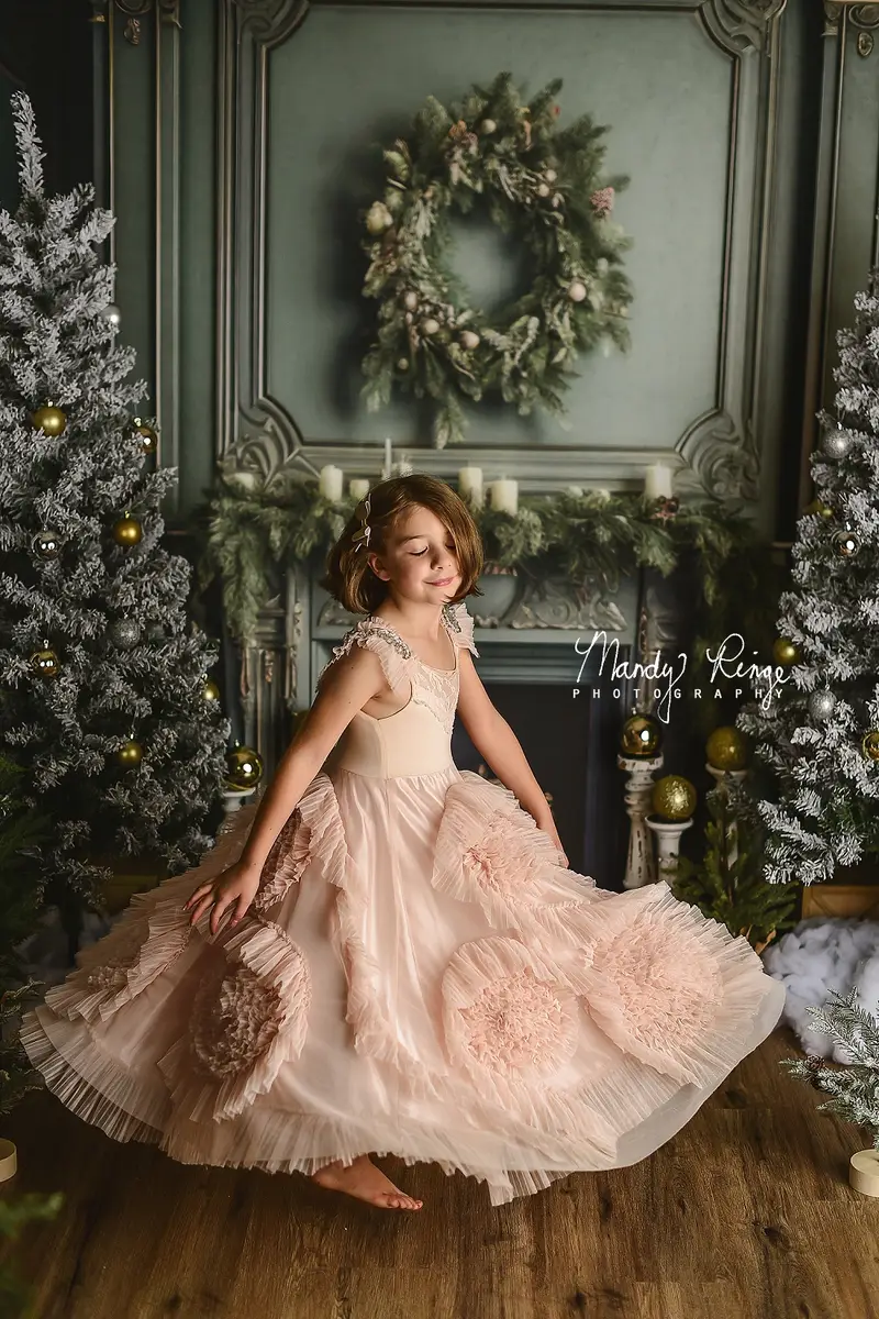 Kate Elegant Fireplace with Christmas Greenery Fleece Backdrop Designed by Mandy Ringe Photography - Image 3