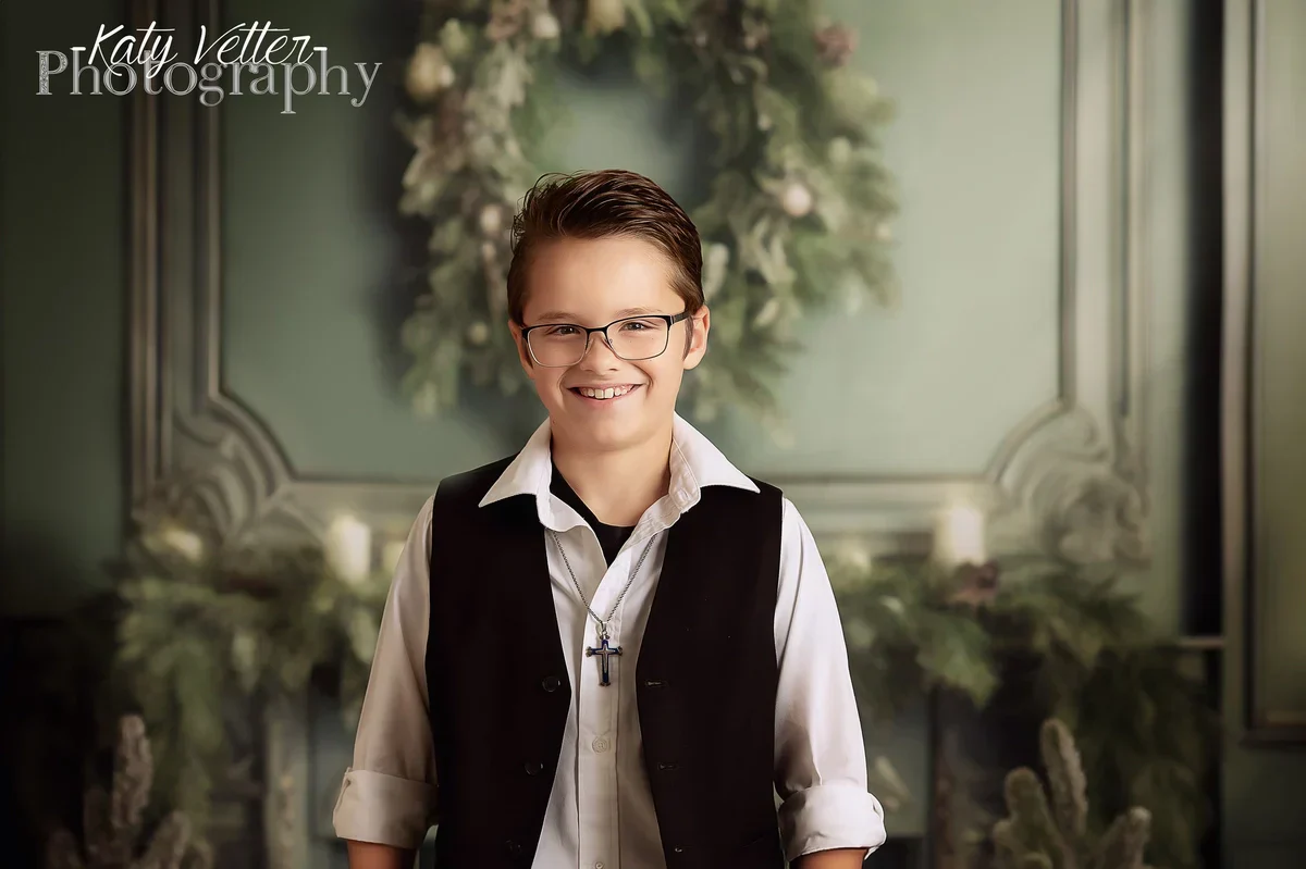 Kate Elegant Fireplace with Christmas Greenery Fleece Backdrop Designed by Mandy Ringe Photography - Image 7