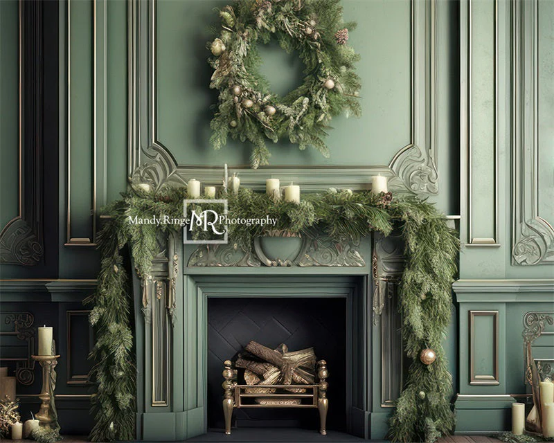 Kate Elegant Fireplace with Christmas Greenery Fleece Backdrop Designed by Mandy Ringe Photography - Image 9