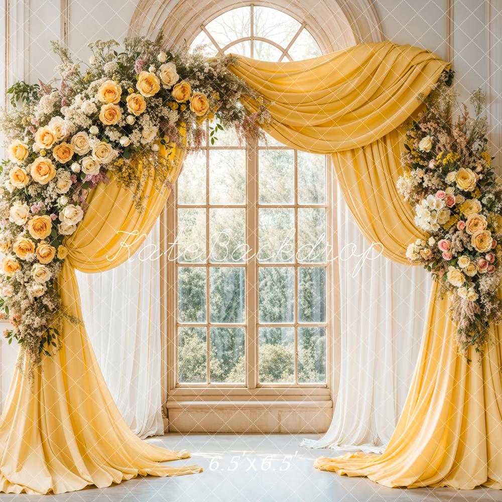 Kate Elegant Flower Yellow Drapes Window Backdrop Designed by Emetselch - Image 2