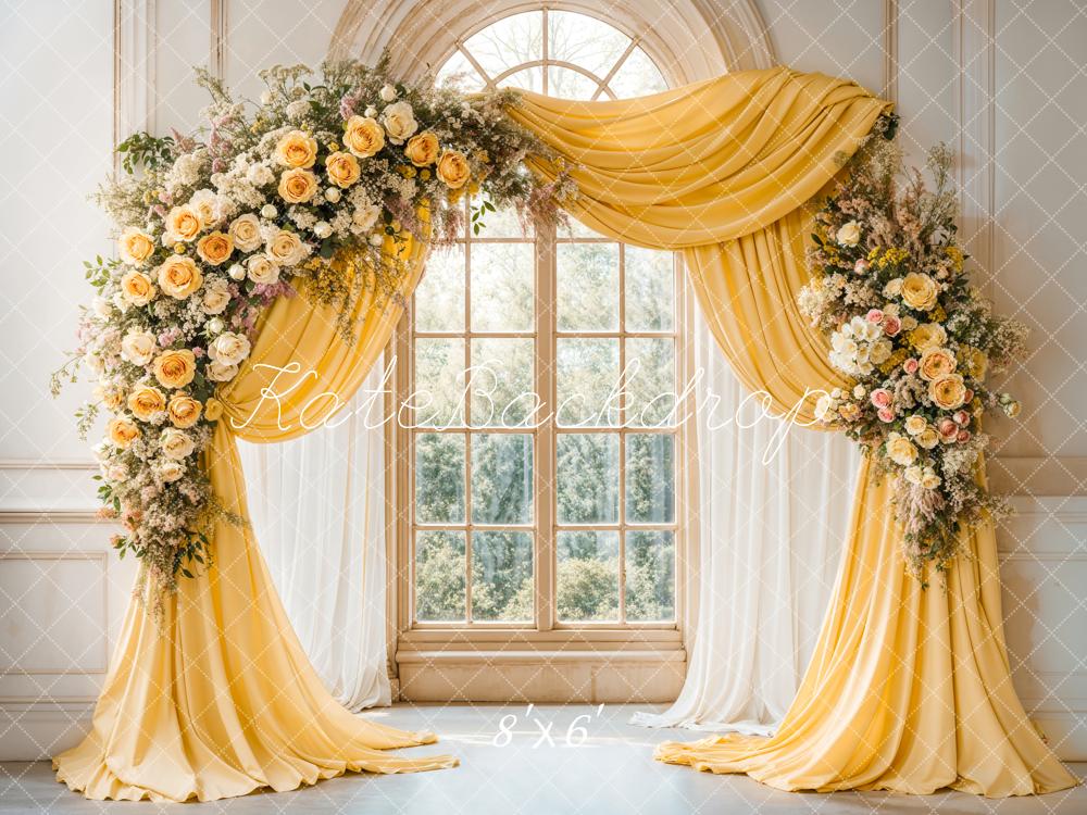 Kate Elegant Flower Yellow Drapes Window Backdrop Designed by Emetselch - Image 3
