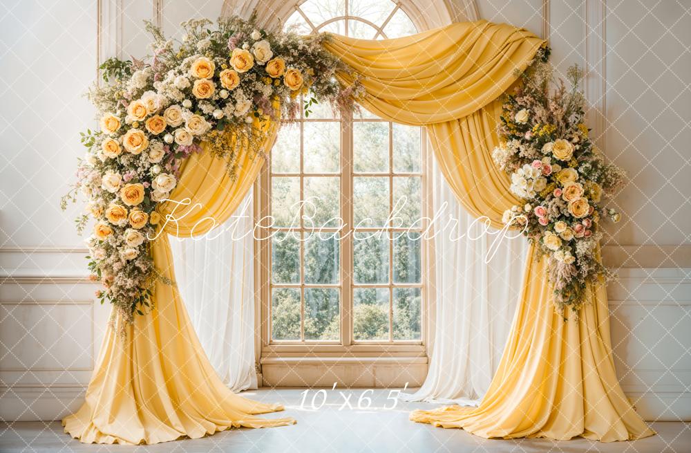 Kate Elegant Flower Yellow Drapes Window Backdrop Designed by Emetselch - Image 4