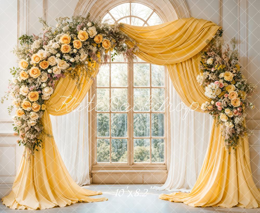 Kate Elegant Flower Yellow Drapes Window Backdrop Designed by Emetselch - Image 5