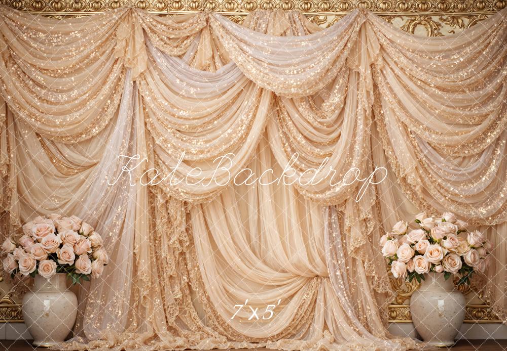 Kate Elegant Gold Drapes Floral Vase Backdrop Designed by Mini MakeBelieve