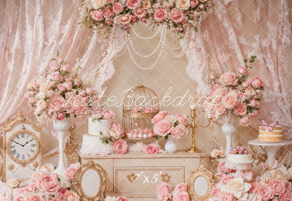 Kate Elegant Pink Floral Lace Birdcage Backdrop Designed by Emetselch - Image 2
