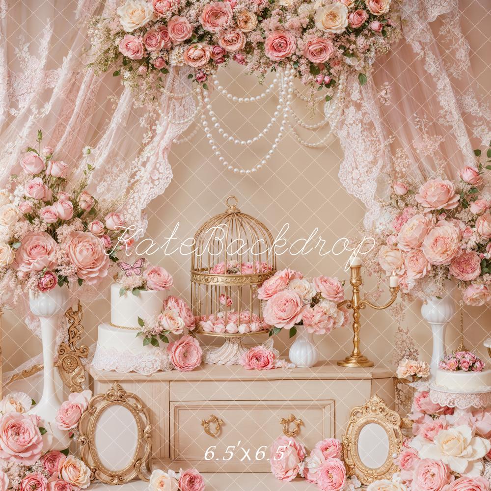 Kate Elegant Pink Floral Lace Birdcage Backdrop Designed by Emetselch - Image 6
