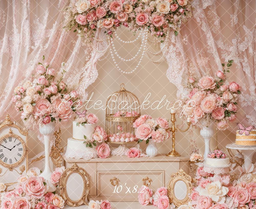 Kate Elegant Pink Floral Lace Birdcage Backdrop Designed by Emetselch - Image 9