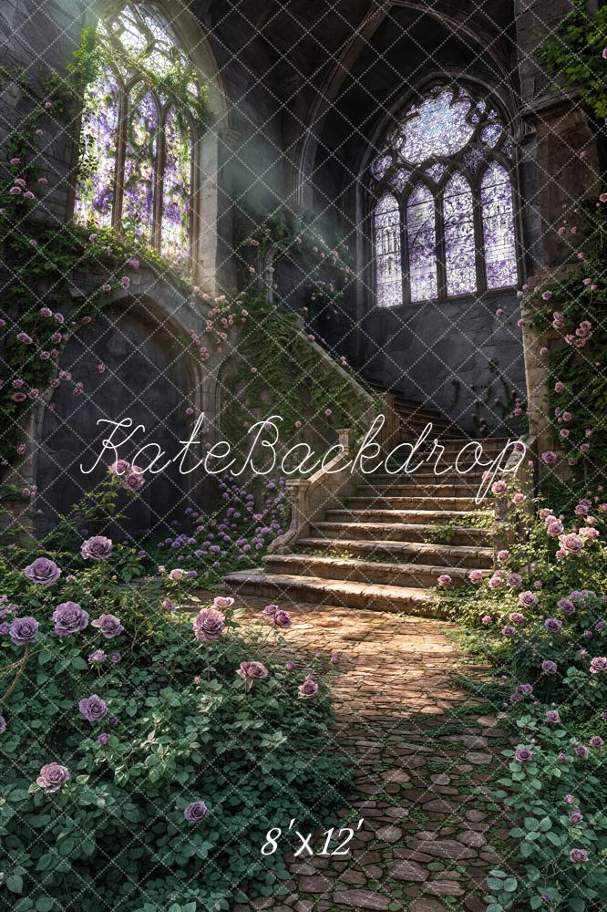 Kate Fairy Fantasy Cascading Stairs Purple Roses Backdrop Designed by Chain Photography - Image 11