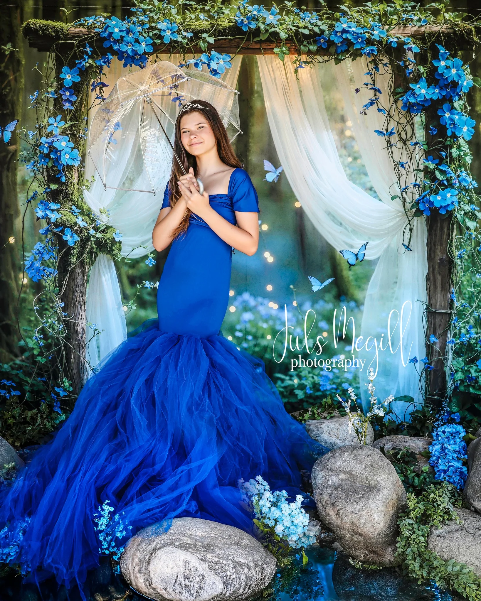Kate Fairy Forest Blue Flower Butterflies Backdrop Designed by Emetselch - Image 4