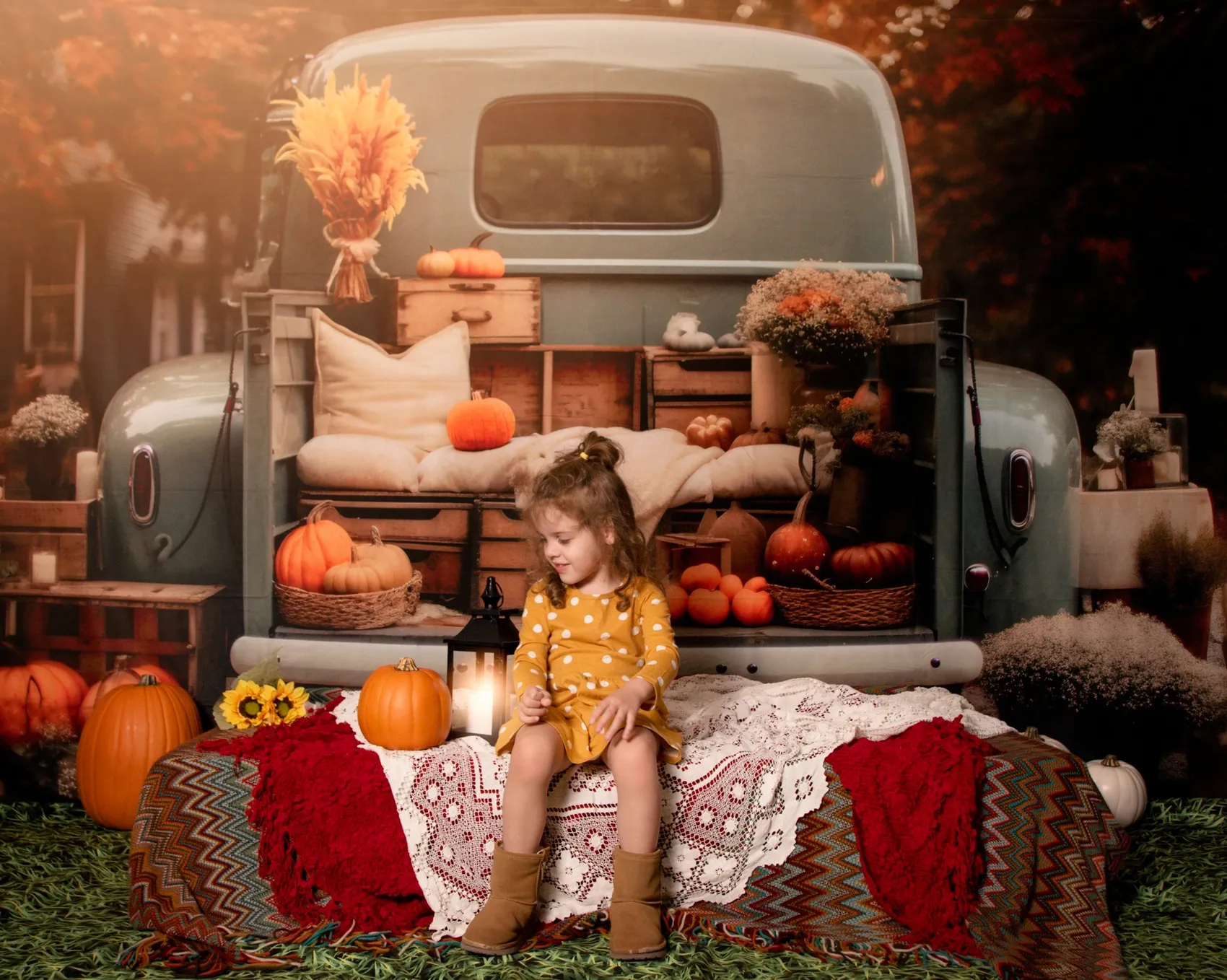 Kate Fall Truck with Pumpkins Fleece Backdrop for Photography - Image 4
