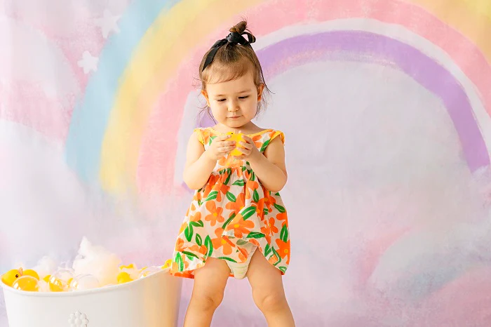 Kate Fantasy Cake Smash Backdrop Rainbow Sky with wood floor part(fabric) Designed by Chain Photography - Image 3
