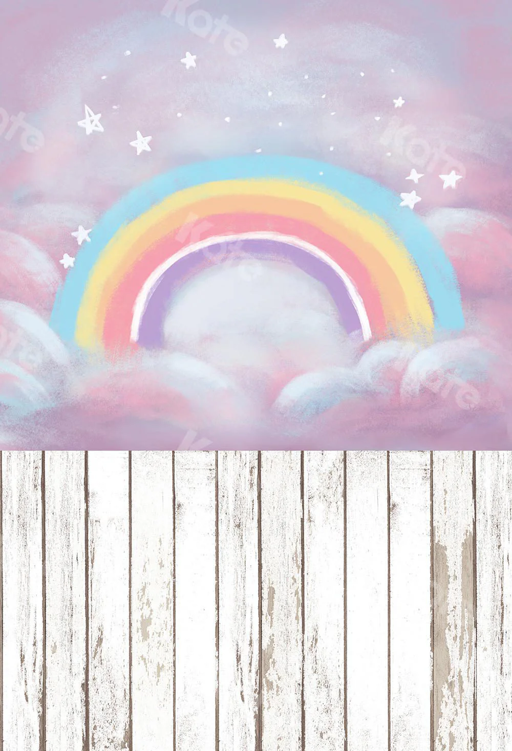 Kate Fantasy Cake Smash Backdrop Rainbow Sky with wood floor part(fabric) Designed by Chain Photography - Image 4