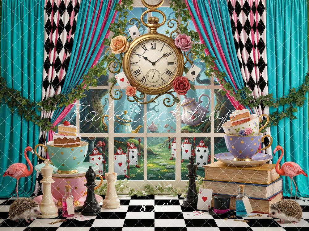 Kate Fantasy Teacups Clock Chess Flamingos Backdrop Designed by Emetselch - Image 3