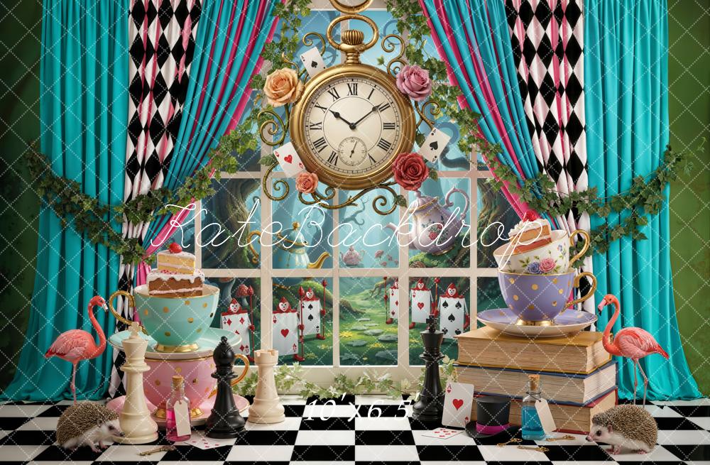 Kate Fantasy Teacups Clock Chess Flamingos Backdrop Designed by Emetselch - Image 4