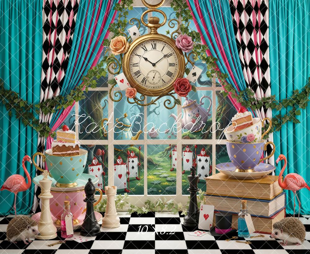 Kate Fantasy Teacups Clock Chess Flamingos Backdrop Designed by Emetselch - Image 6