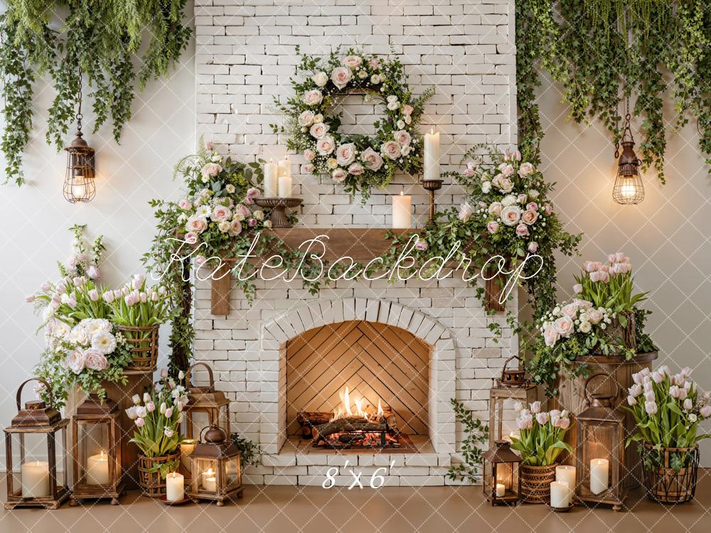 Kate Fireplace Garland Lanterns White Brick Backdrop Designed by Emetselch - Image 3