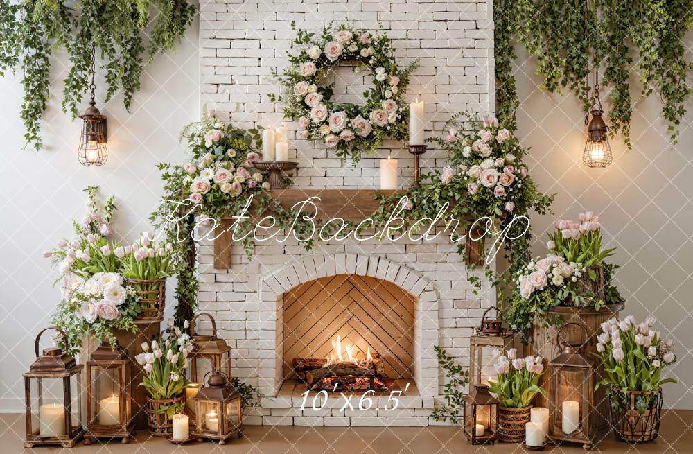 Kate Fireplace Garland Lanterns White Brick Backdrop Designed by Emetselch - Image 4