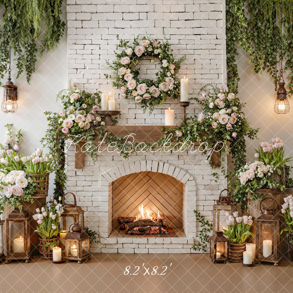 Kate Fireplace Garland Lanterns White Brick Backdrop Designed by Emetselch - Image 5