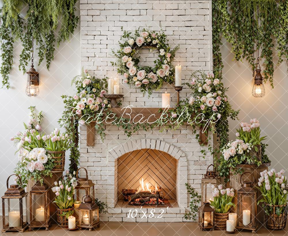 Kate Fireplace Garland Lanterns White Brick Backdrop Designed by Emetselch - Image 6