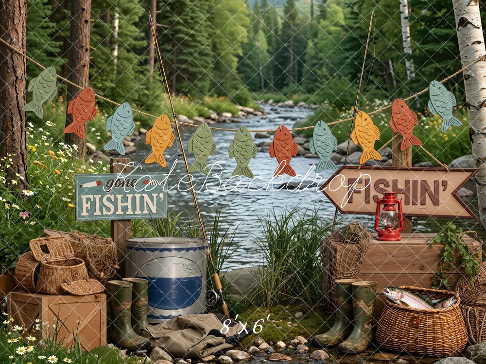 Kate Fishing River Baskets Boots Forest Backdrop Designed by Emetselch - Image 3