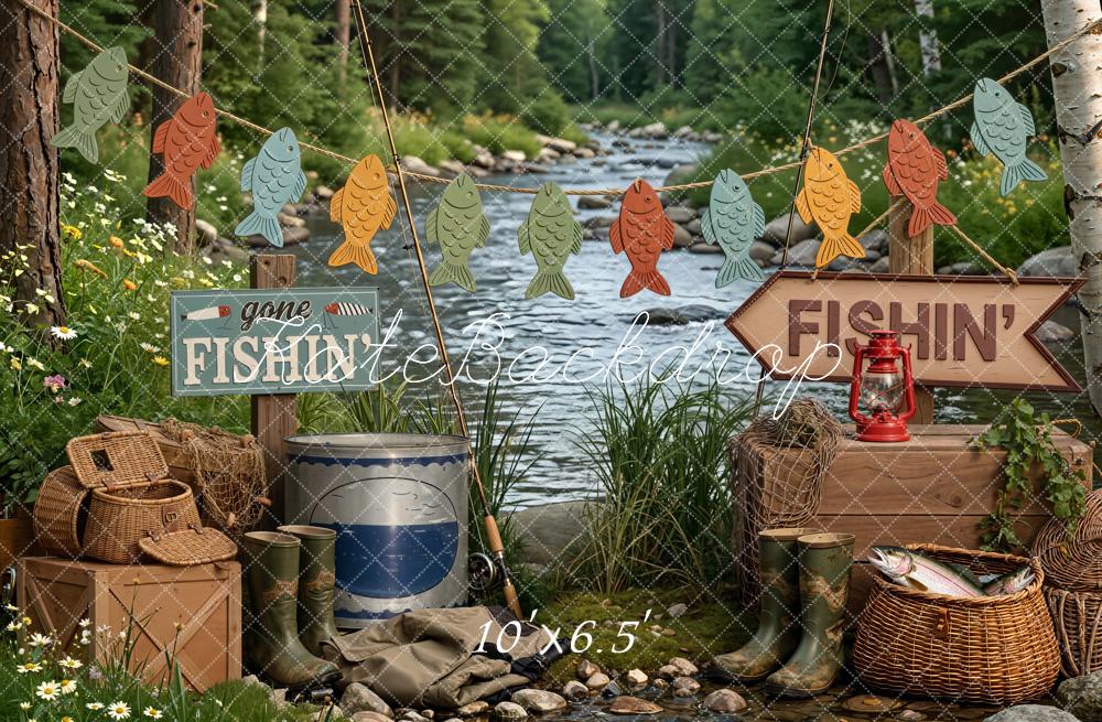 Kate Fishing River Baskets Boots Forest Backdrop Designed by Emetselch - Image 4