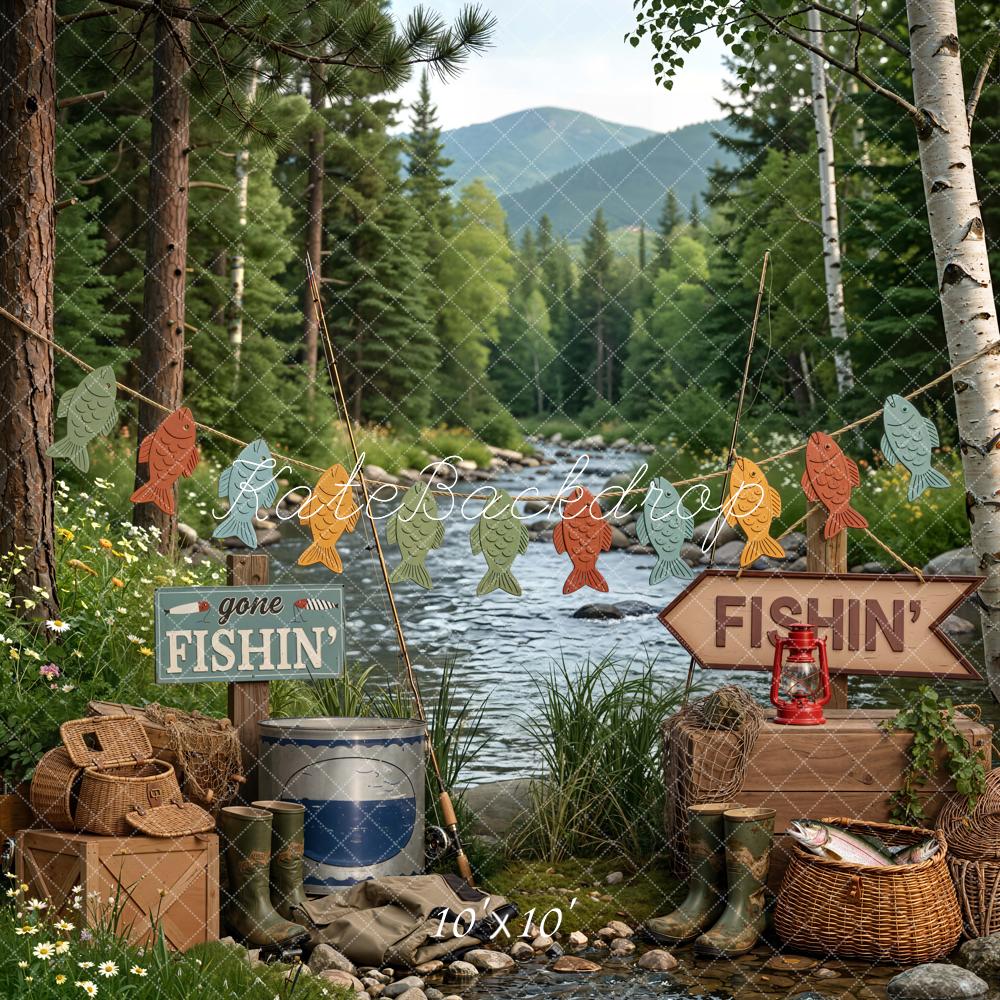 Kate Fishing River Baskets Boots Forest Backdrop Designed by Emetselch - Image 7